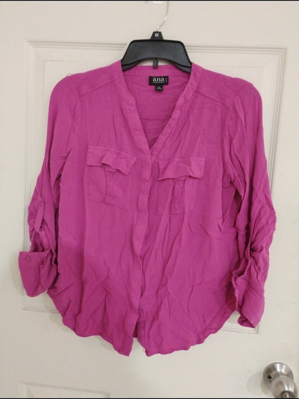 a.n.a Bright Fuchsia Button-Front V-Neck Shirt